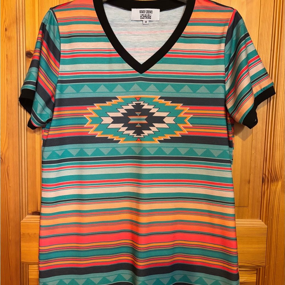 Southwestern Stripe V-Neck Women’s Top in Teal & Coral